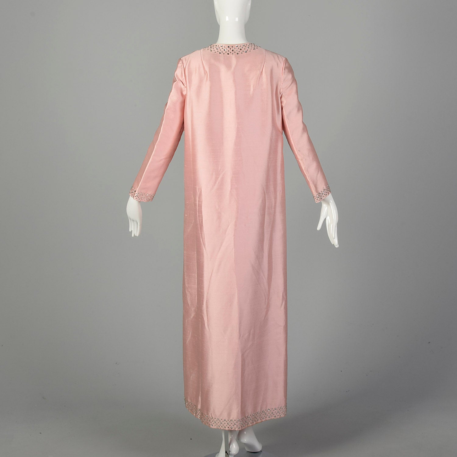 Medium 1960s Full Length Formal Pink Opera Coat with Rhinestone Trim