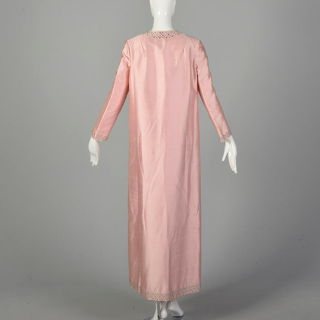 Medium 1960s Full Length Formal Pink Opera Coat with Rhinestone Trim