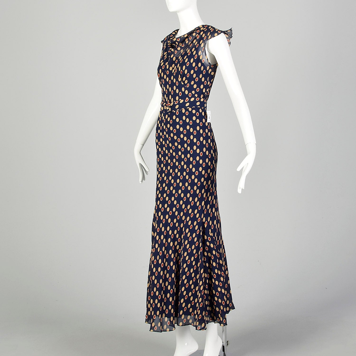 XXS 1930s Navy Blue Bias Cut Dress Sleeveless Polka Dot Print Style & Salvage XXS 1930s Navy Blue Bias Cut Dress Sleeveless Polka Dot Print Style & Salvage