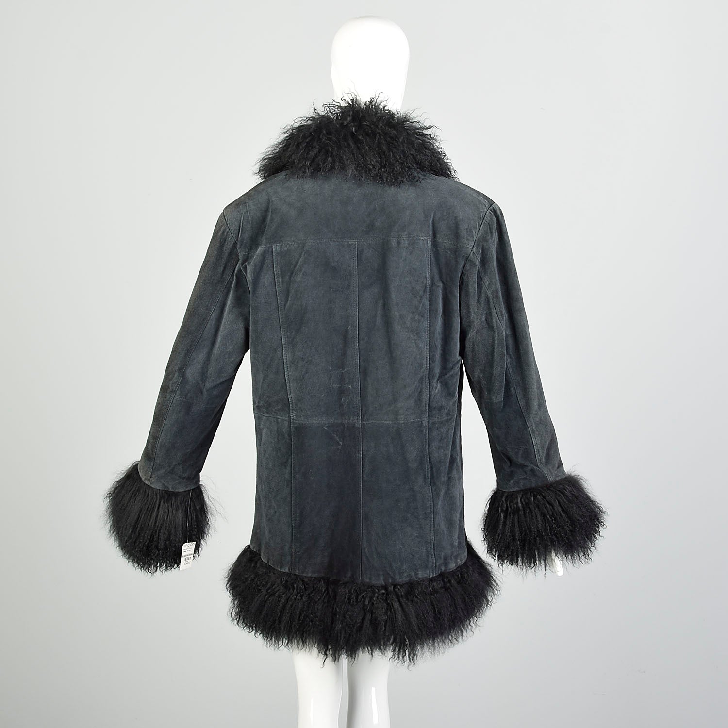 XL 1990s Fur Trimmed Winter Jacket Mongolian Lamb Black Suede Leather Car Coat
