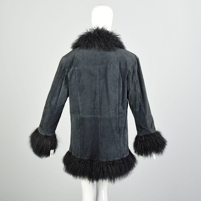 XL 1990s Fur Trimmed Winter Jacket Mongolian Lamb Black Suede Leather Car Coat