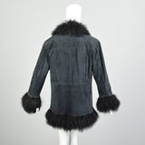 XL 1990s Fur Trimmed Winter Jacket Mongolian Lamb Black Suede Leather Car Coat