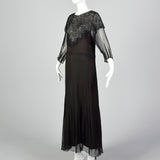 1930s Black Silk Dress with Sheer Lace Bust Panel