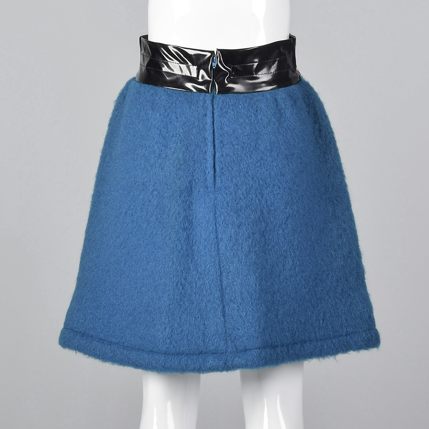 1960s Pierre Cardin Space Age Mod Blue Mohair and Black Vinyl Mini Skirt