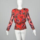 1980s Oleg Cassini Red Silk Beaded Top