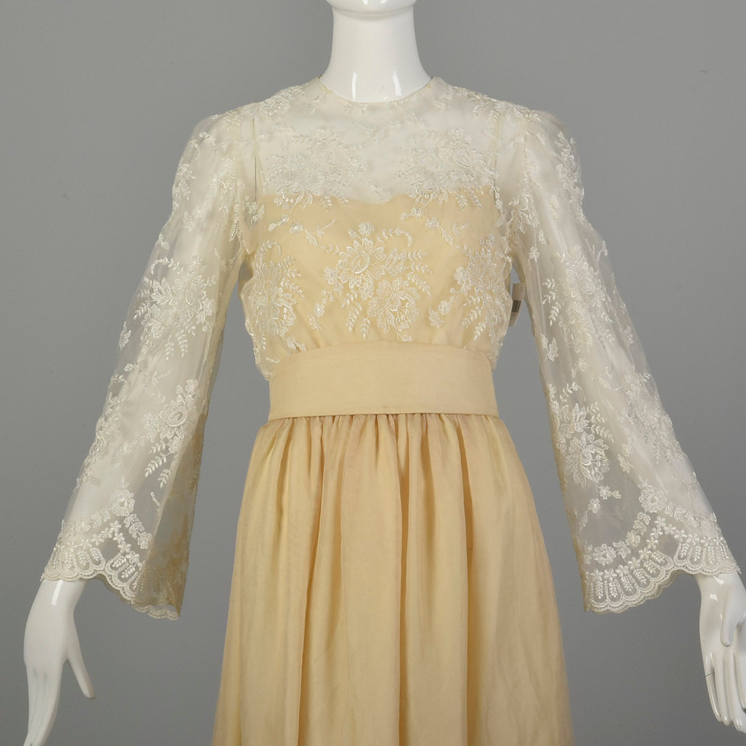 Small 1970s William Pearson Dress Cream Lace Bell Sleeve Bohemian Bridal Wedding