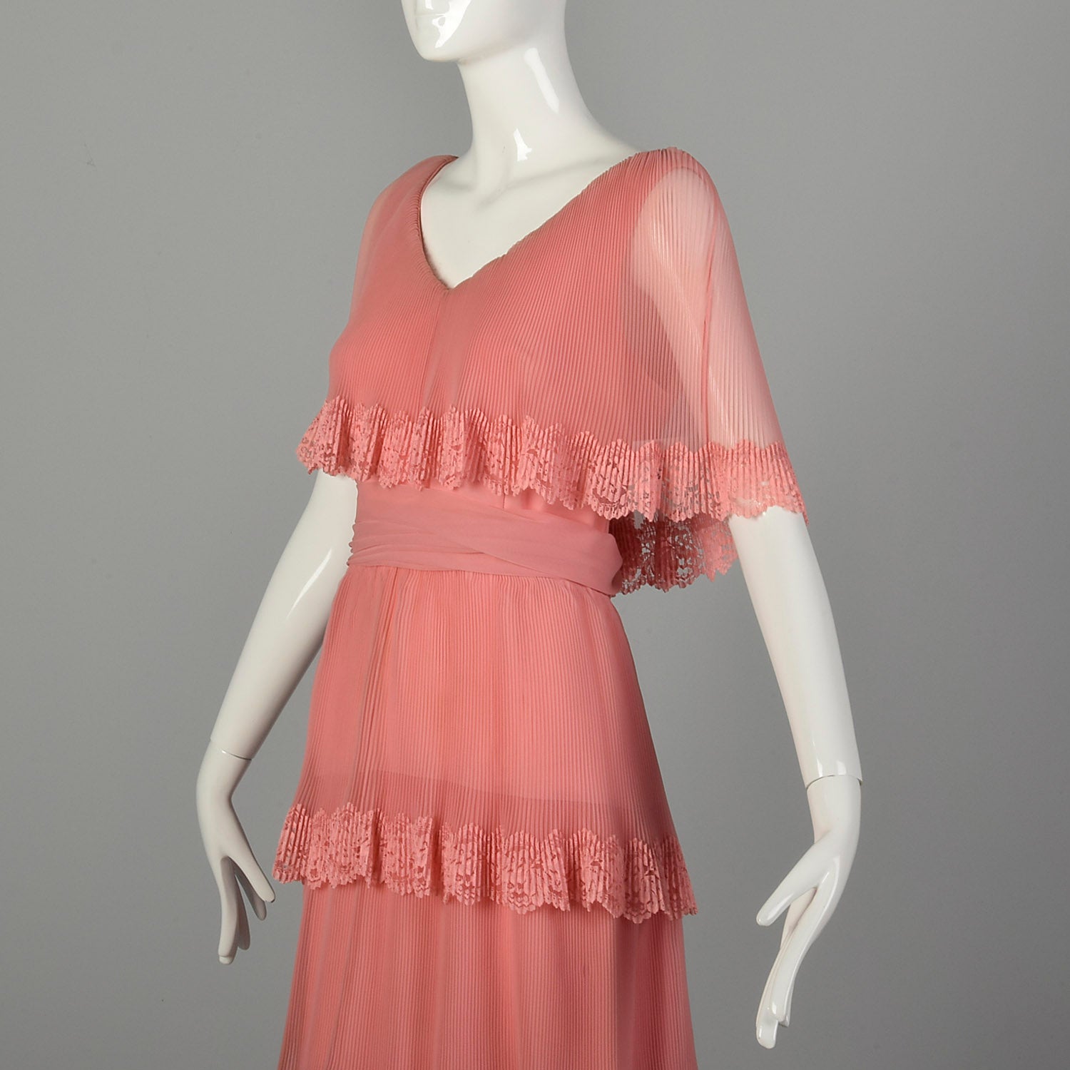 Medium 1970s Miss Elliette Dress Pleated Tiered Maxi Gown Pink Lace Capelet