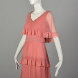 Medium 1970s Miss Elliette Dress Pleated Tiered Maxi Gown Pink Lace Capelet