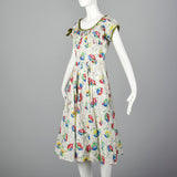 1950s White Summer Dress with Floral Print