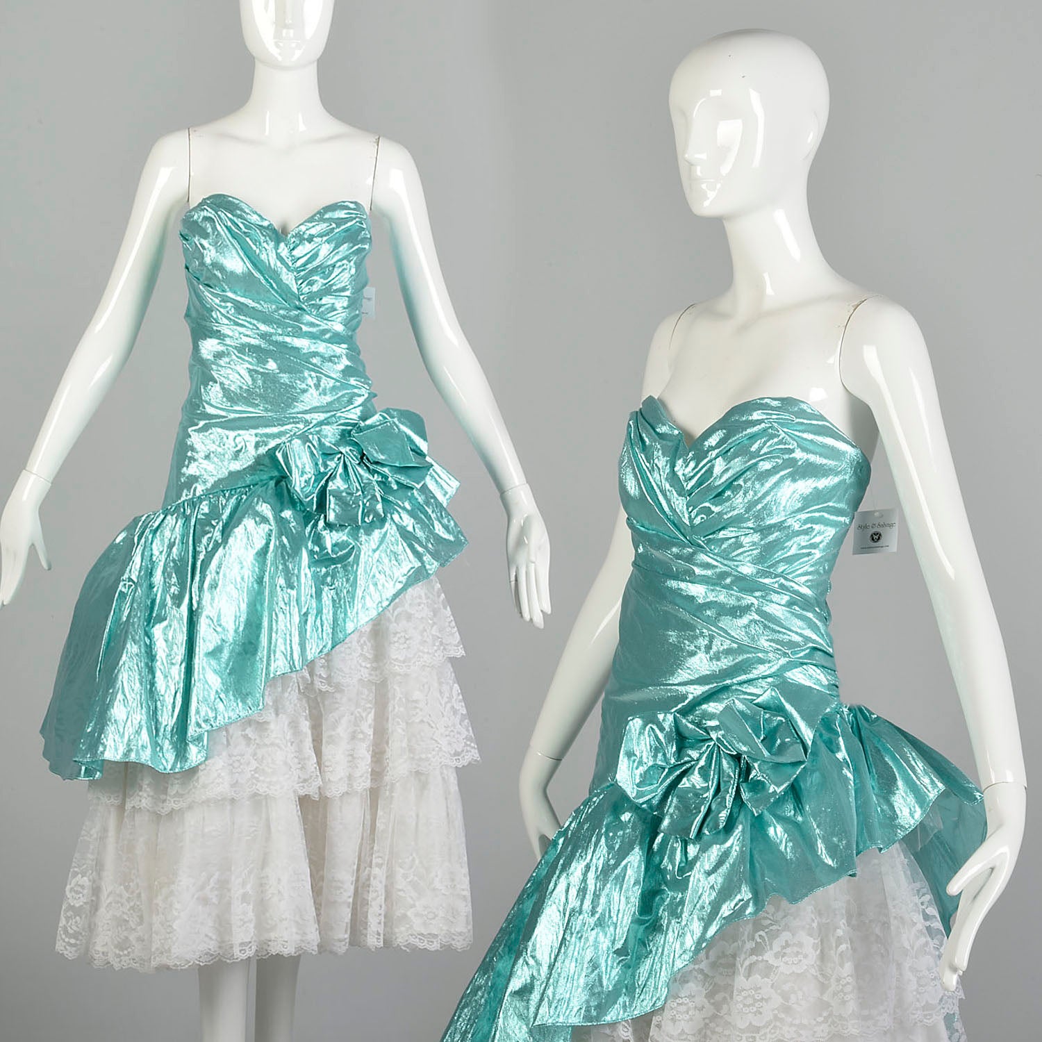 Small 1980s Strapless Sea Foam Aqua Asymmetric Lace Ruffle Prom Formal Evening Dress