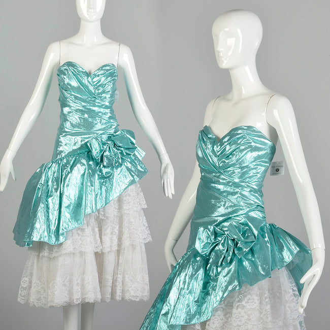 Small 1980s Strapless Sea Foam Aqua Asymmetric Lace Ruffle Prom Formal Evening Dress