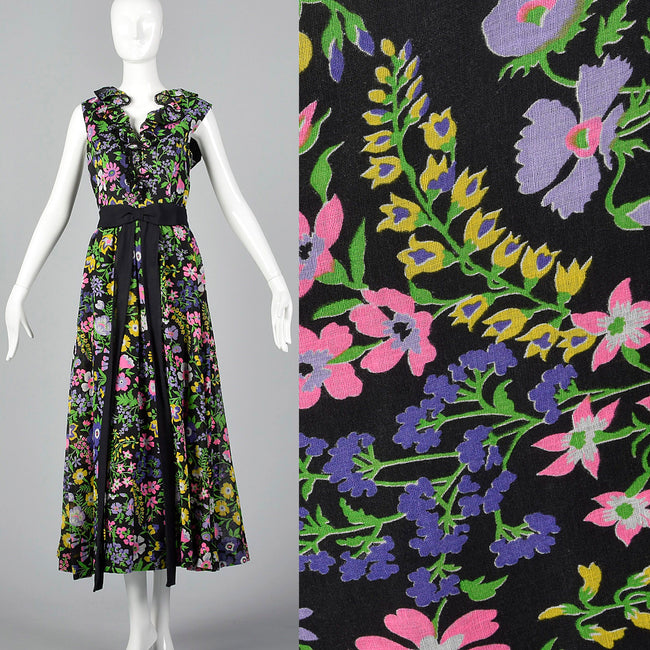 1970s Black Floral Maxi Dress