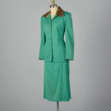 Medium 1950s Green Skirt Suit with Faux Leopard Collar