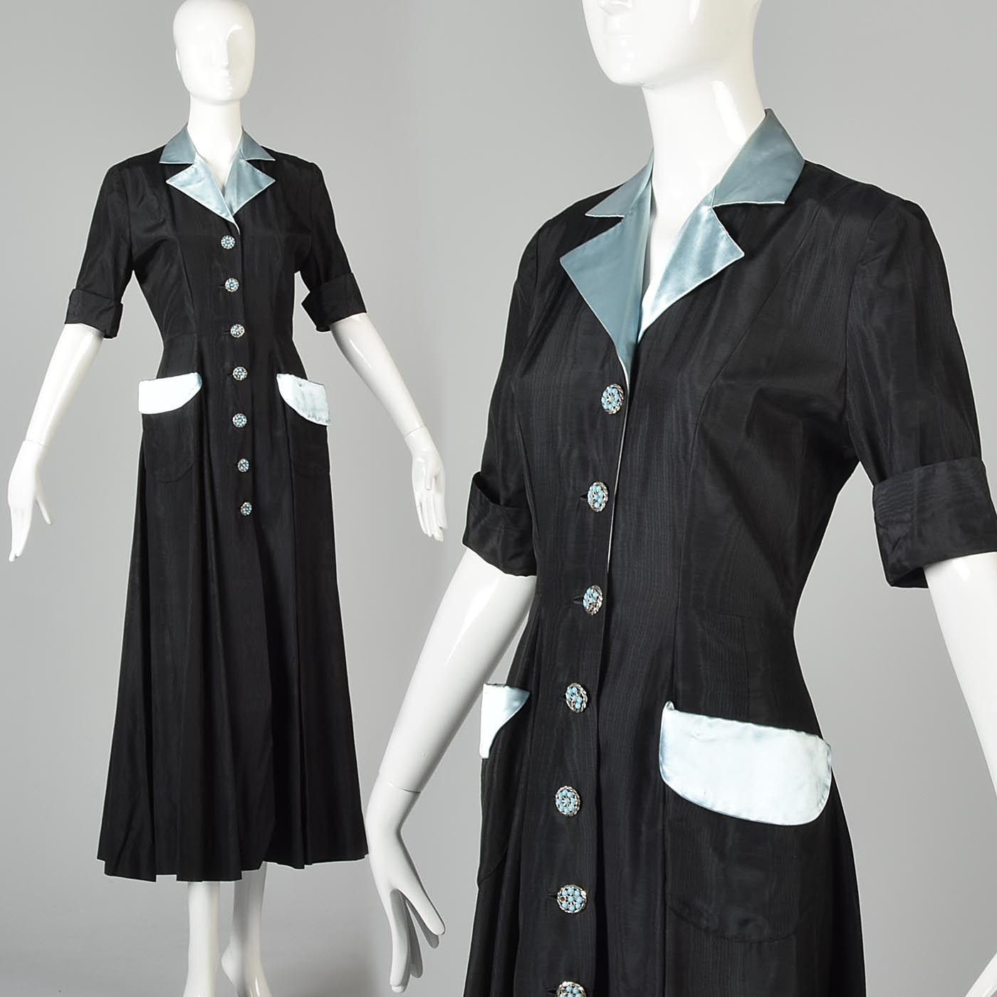 1950s Black Hostess Dress with Aqua Trim