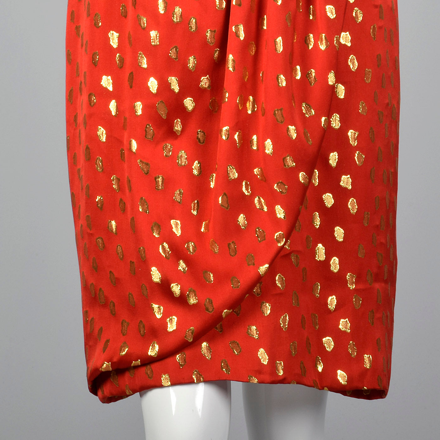 1980s Guy Laroche Red Silk Pencil Dress with Metallic Gold Design