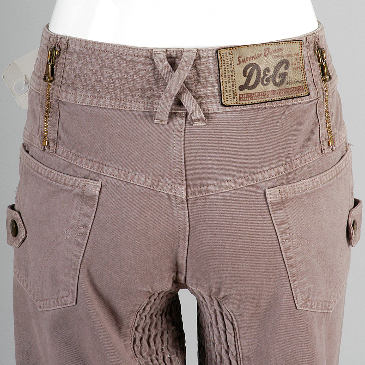 D&G Superior Denim by Dolce & Gabbana Taupe Twill Pants with Zippers Snaps and Smocked Thighs