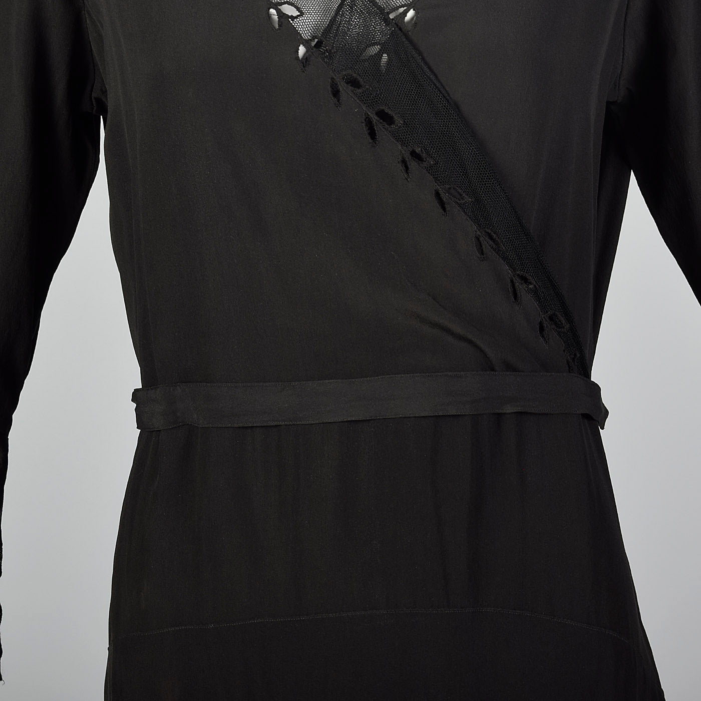 1930s Black Dress with Sheer Trim and Belt