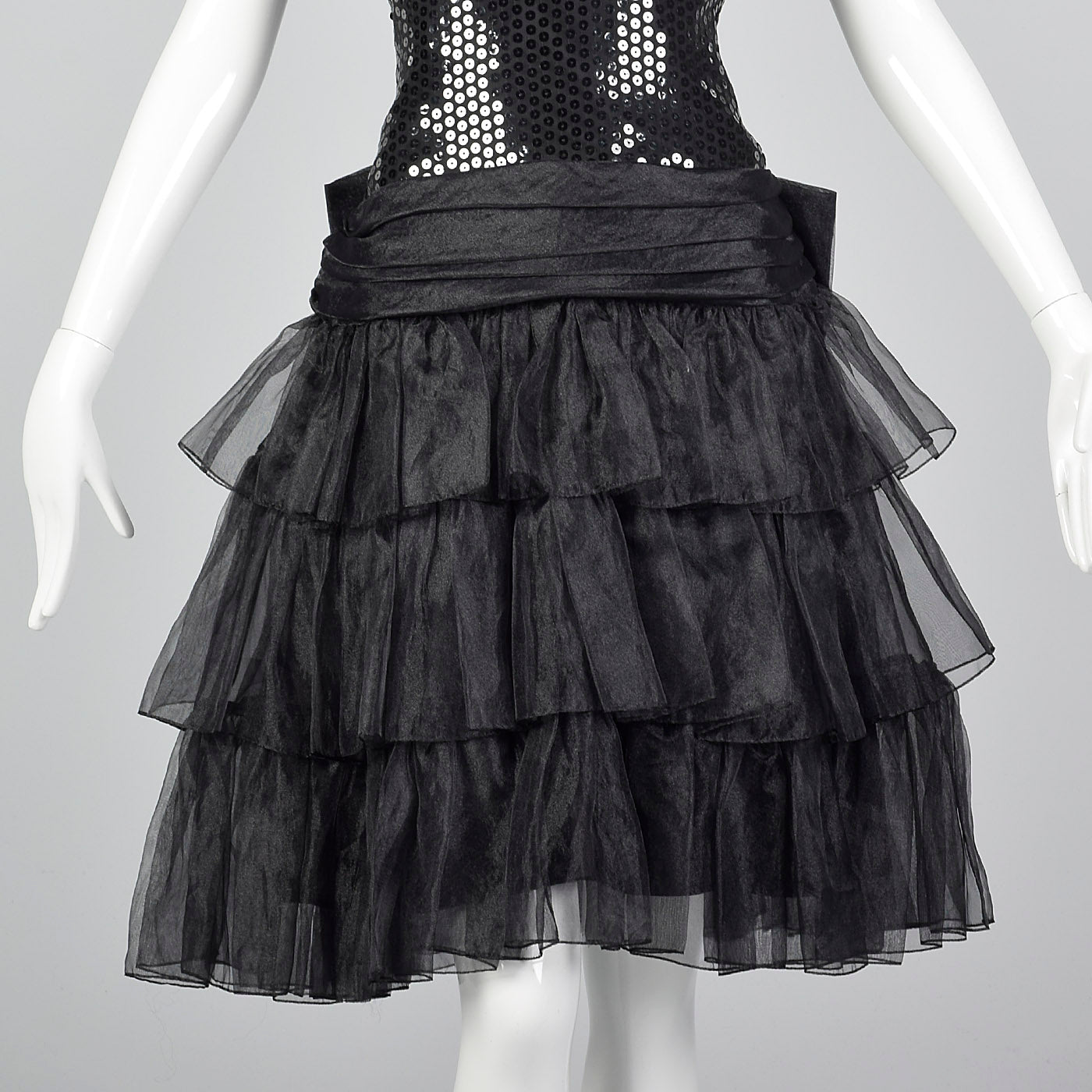 1980s Tadashi Black Sequin Dress with Drop Waist and Ruffle Skirt