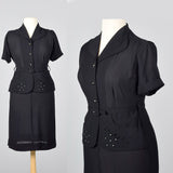 1950s Black Rayon Day Dress with Peplum Waist