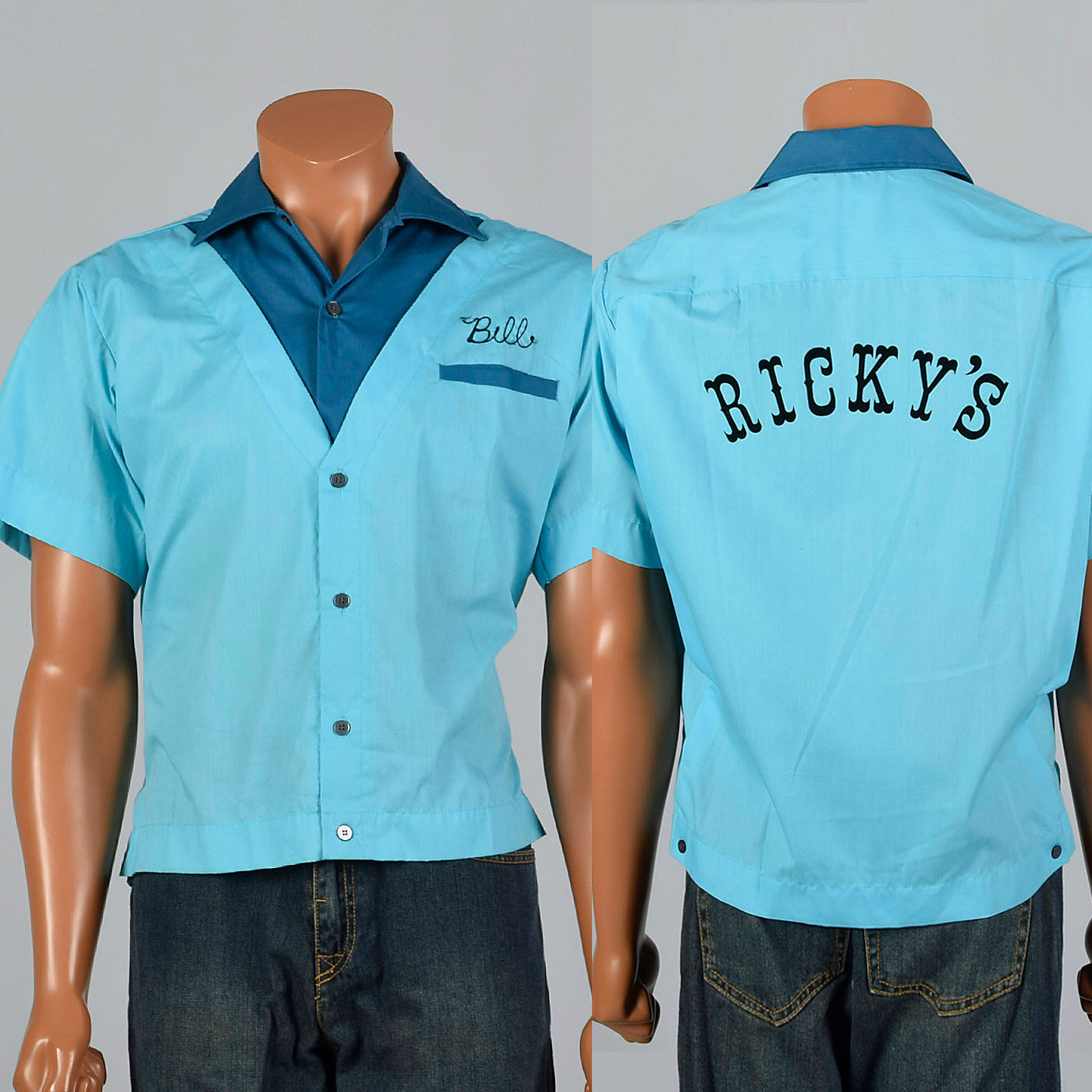 1960s Teal Blue Bowling Shirt with Chicago Sun Times Patch