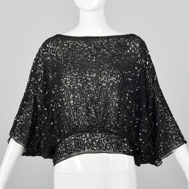 1990s Black Beaded Batwing Top