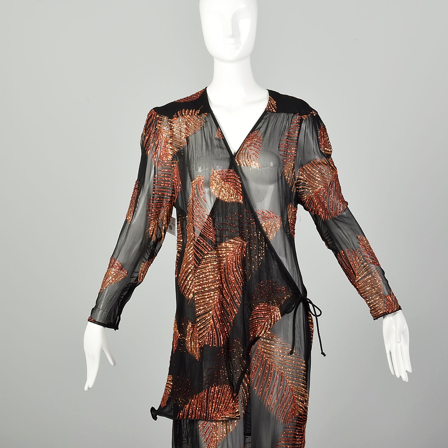 Medium 1980s Two Piece Wrap Dress Black Sheer Glitter