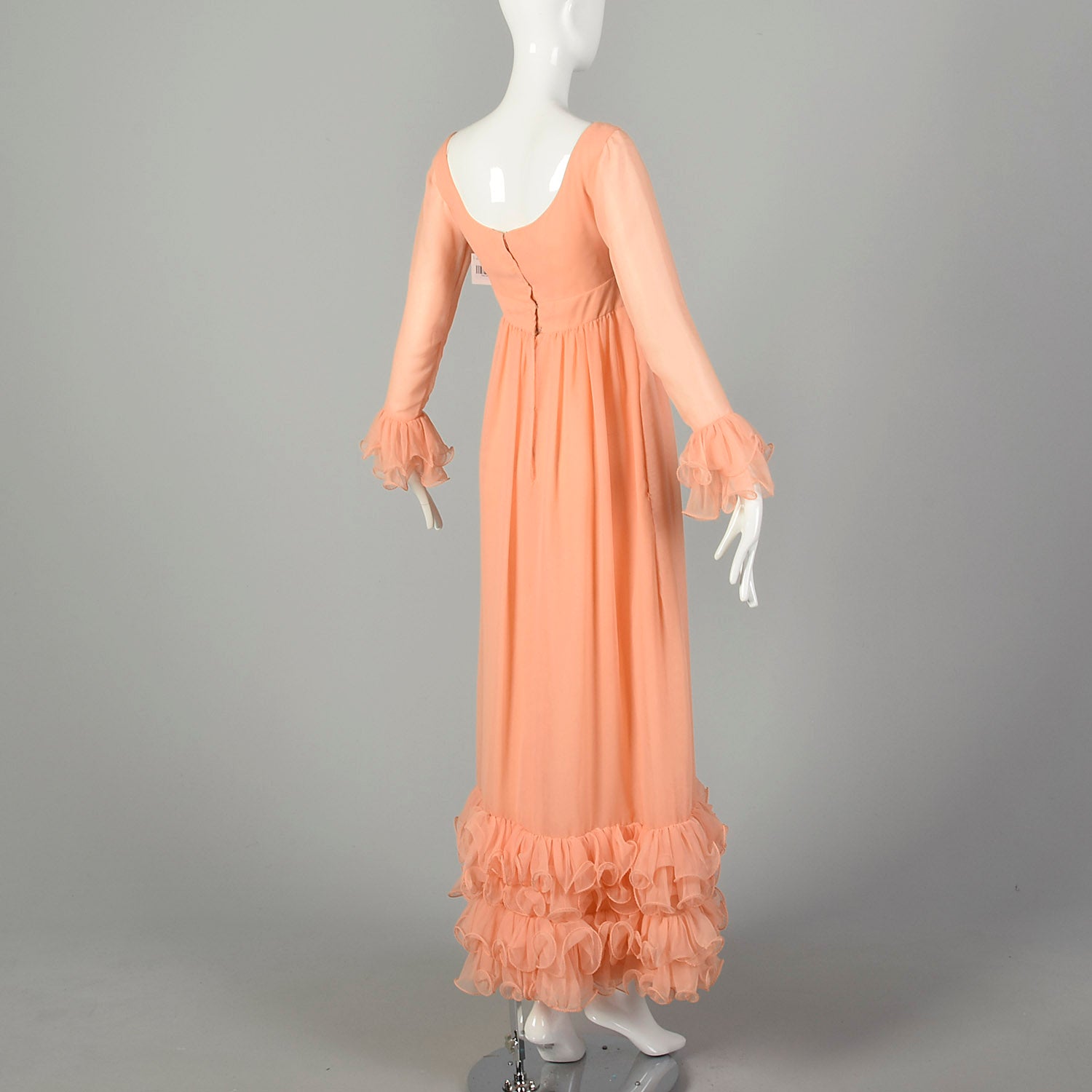 XS 1960s Lillie Rubin Sherbet Gown Maxi Evening Dress Flowy Modest Orange Pastel Long Sleeve Ruffle