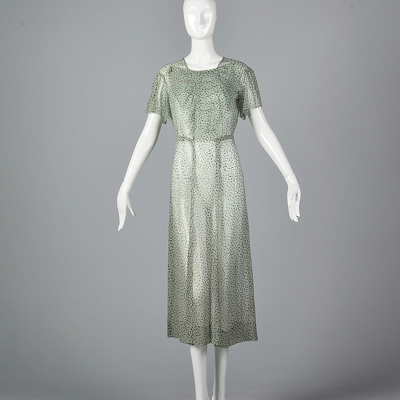 1930s Sheer Blue Silk Dress with Geometric Print