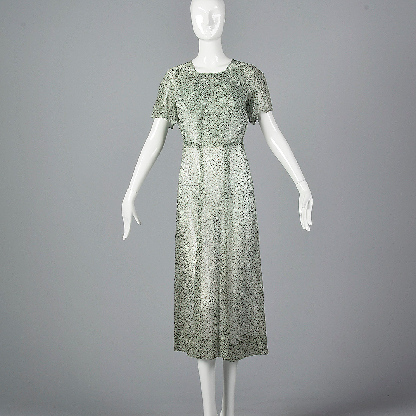 1930s Sheer Blue Silk Dress with Geometric Print