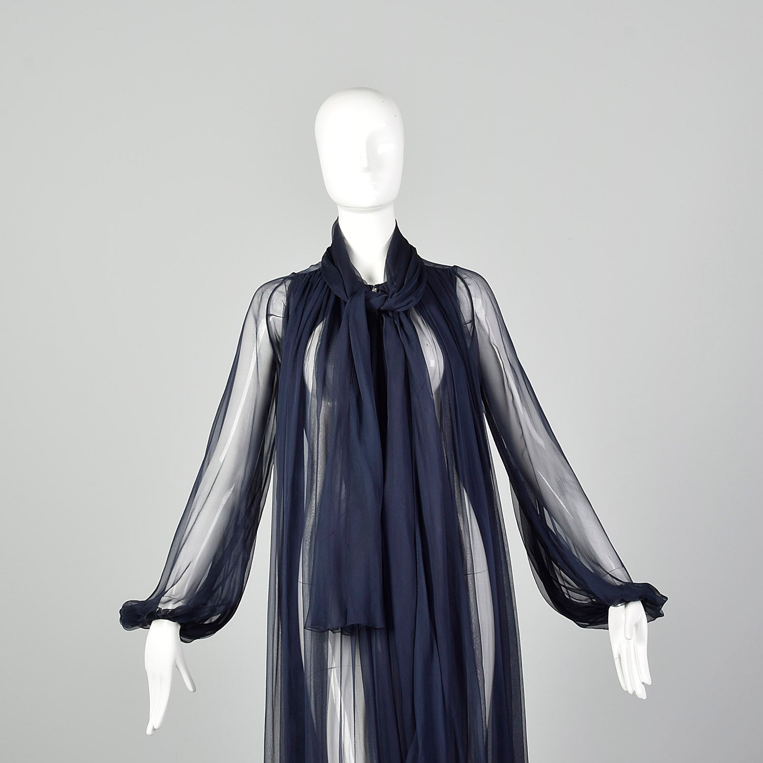 1970s Elegant Silk Chiffon Coat in Navy Blue