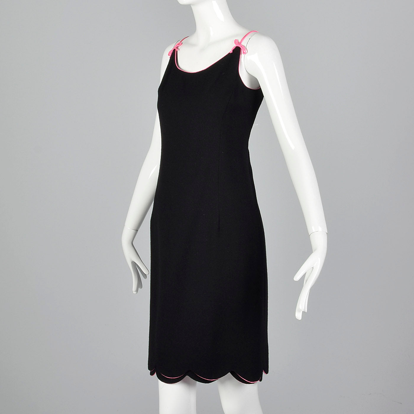 1960s Black Wool Dress with Pink Trim and Scallop Hem