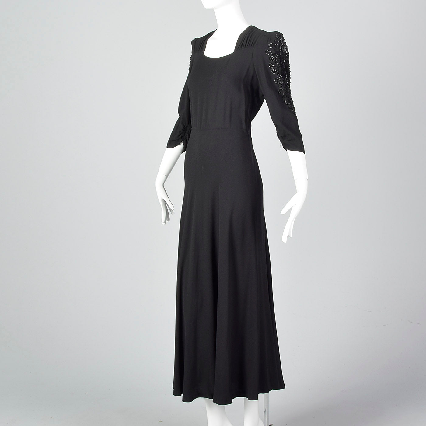 1940s Black Crepe Gown with Sequin Sleeves