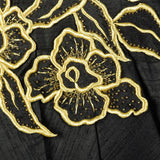 Medium 1980s Black Silk Dress Gold Beaded Appliqué Cocktail Peplum