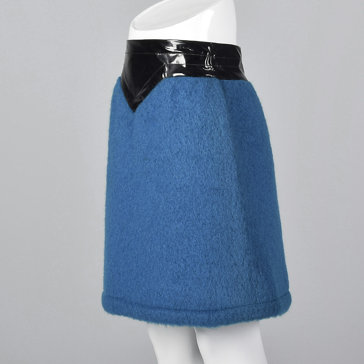 1960s Pierre Cardin Space Age Mod Blue Mohair and Black Vinyl Mini Skirt