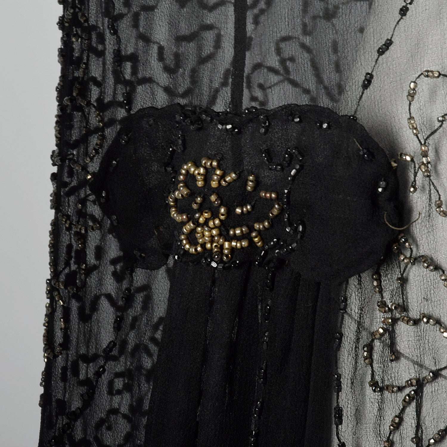 1920s Beaded Sheer Black Dress with Hip Sashes