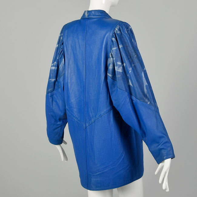 1980s Oversized Blue Leather Jacket with Batwing Sleeves