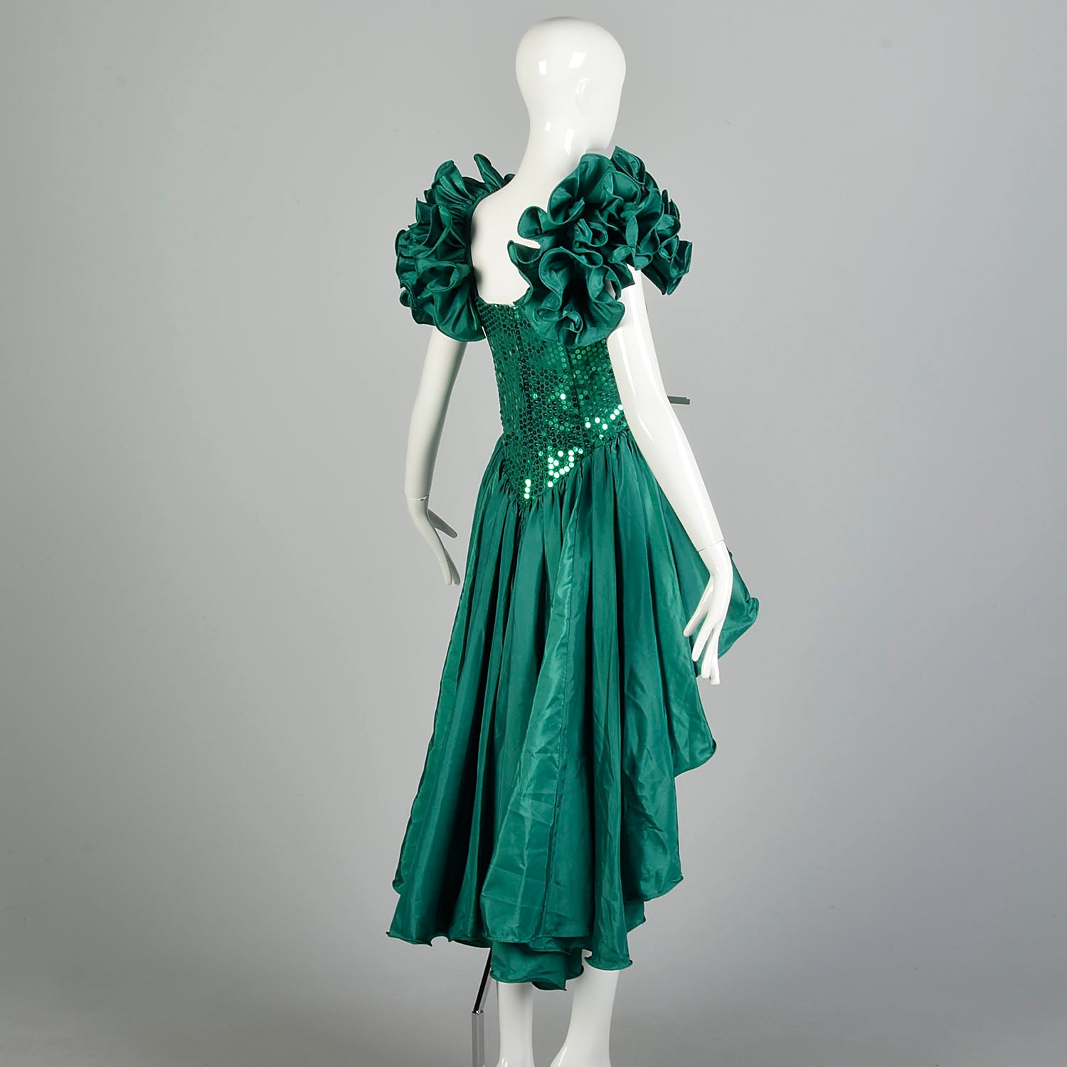 Medium 1980s Sequin Peplum Prom Dress Green Silver Hi-Low Hem Mini Pencil Skirt