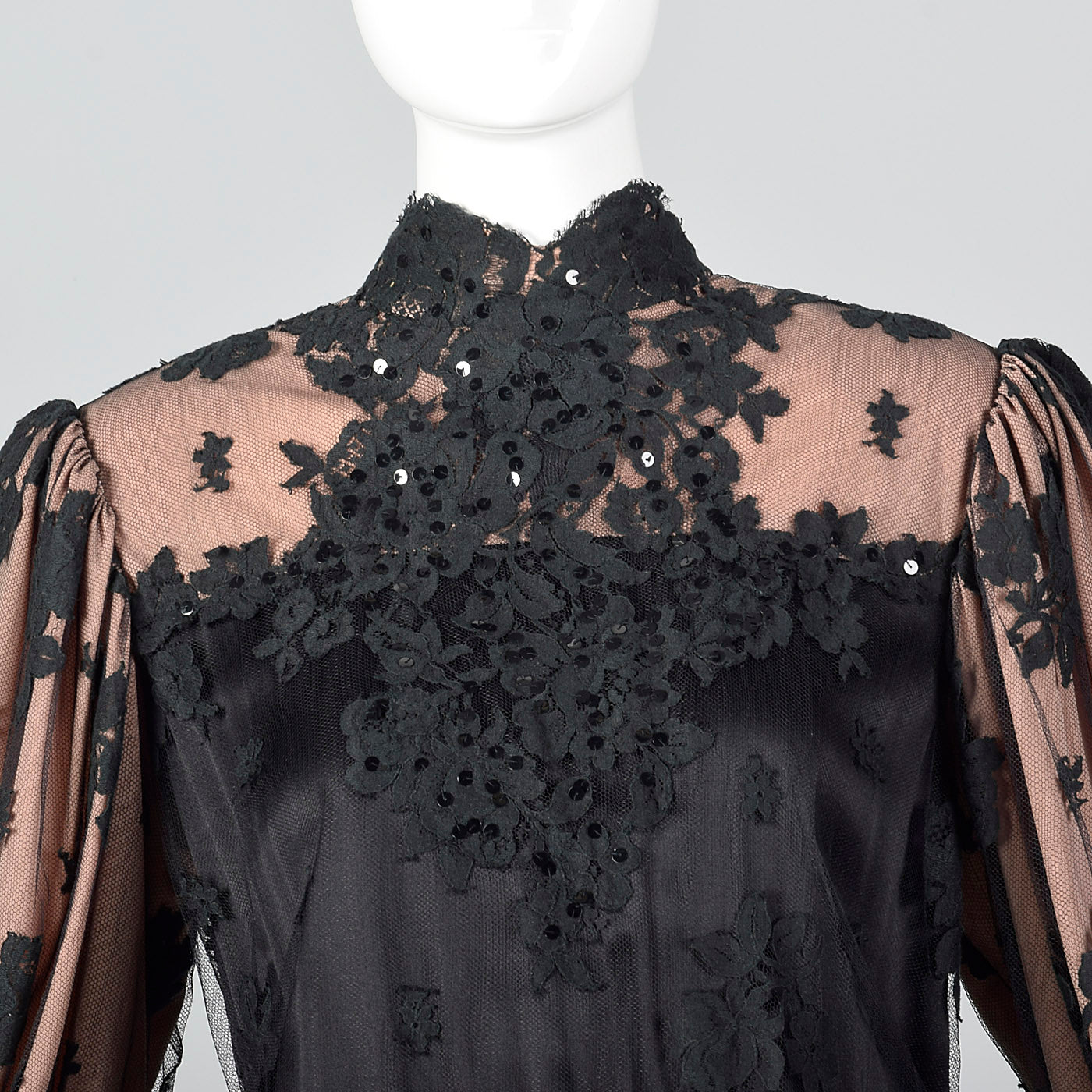 1970s Black Lace Overlay Dress with Sequin Bust