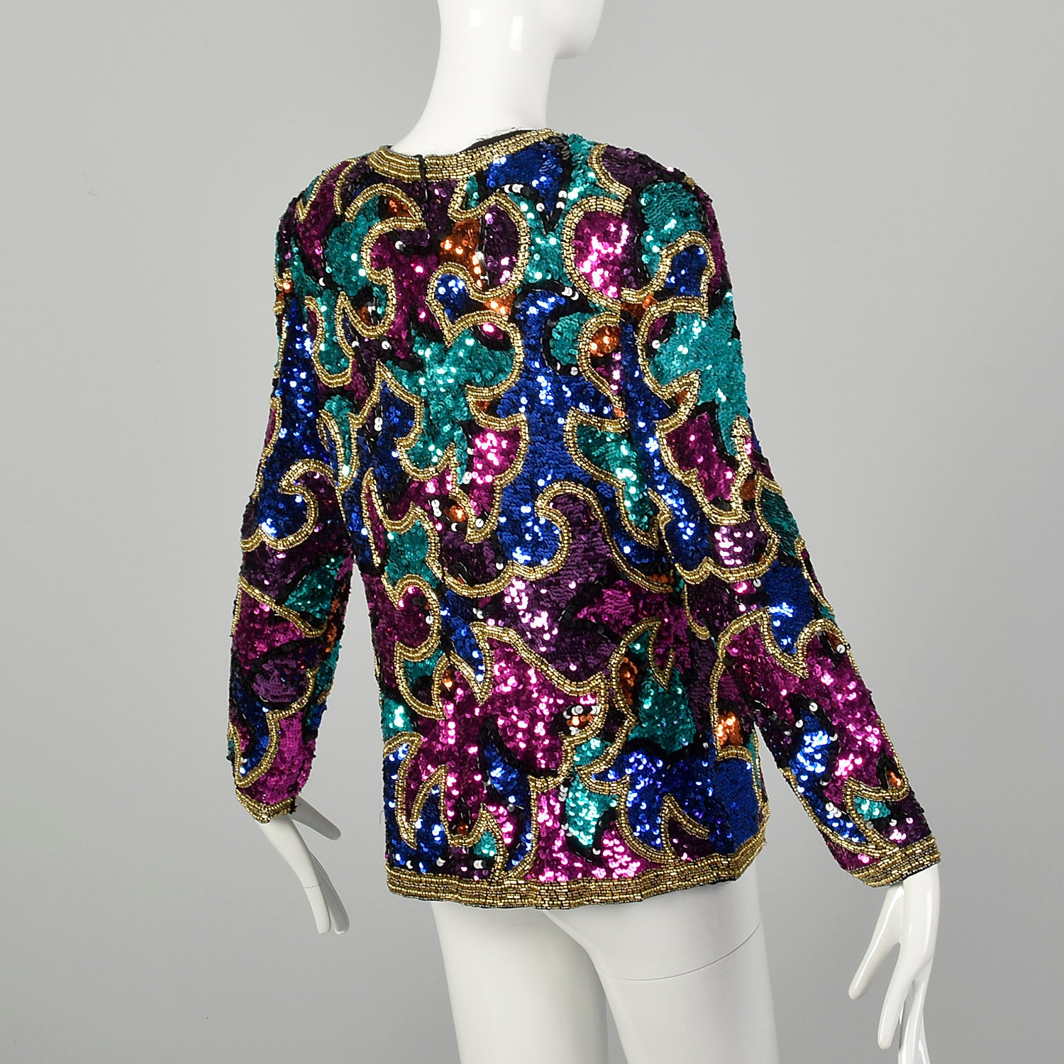 Medium 1990s Oleg Cassini Shirt Multicolored Sequin Formal Long Sleeve Eveningwear