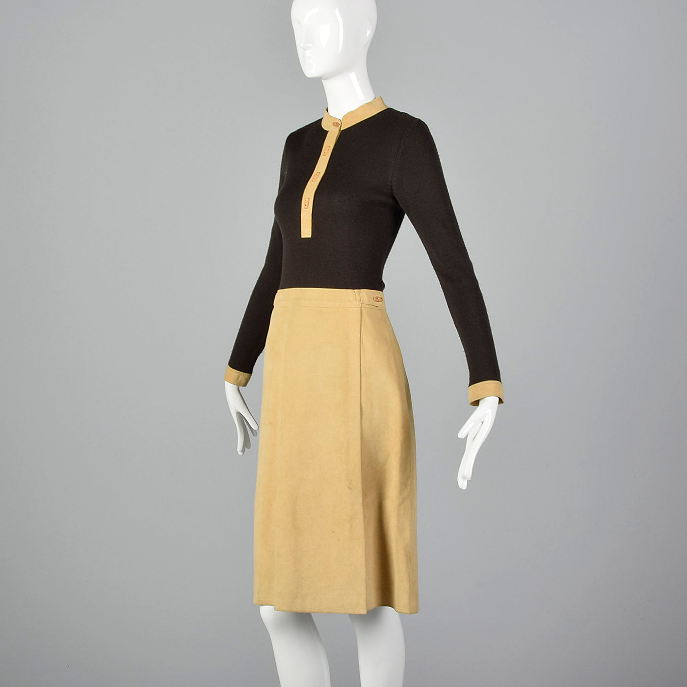 1970s Brown Knit and Leather Dress