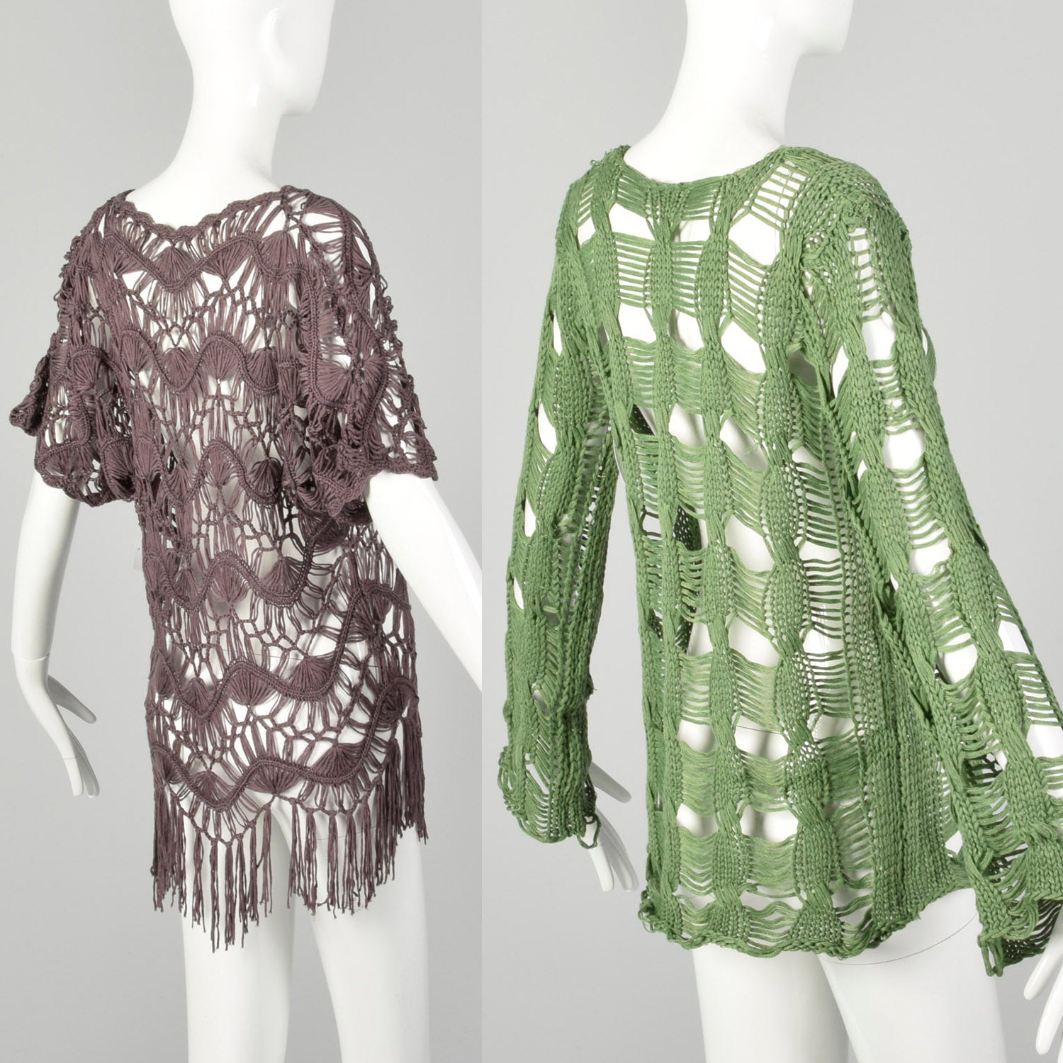 S/M 1990s Open Weave Crochet Fringe Top Plum and Green