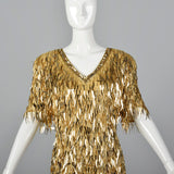 1980s Gold Silk Dress with Dangling Sequin Fringe