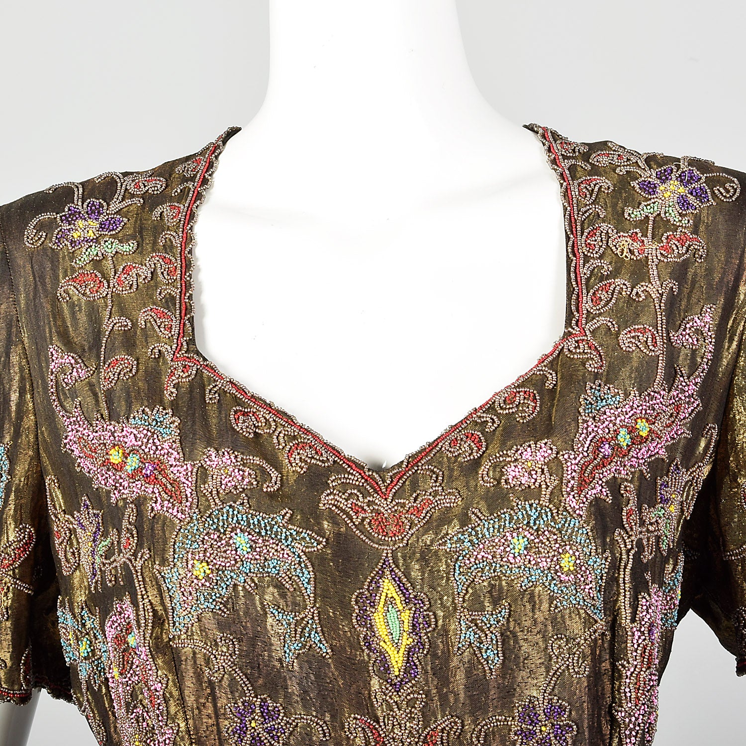 1940s Gold Lamé Beaded Black Evening Gown