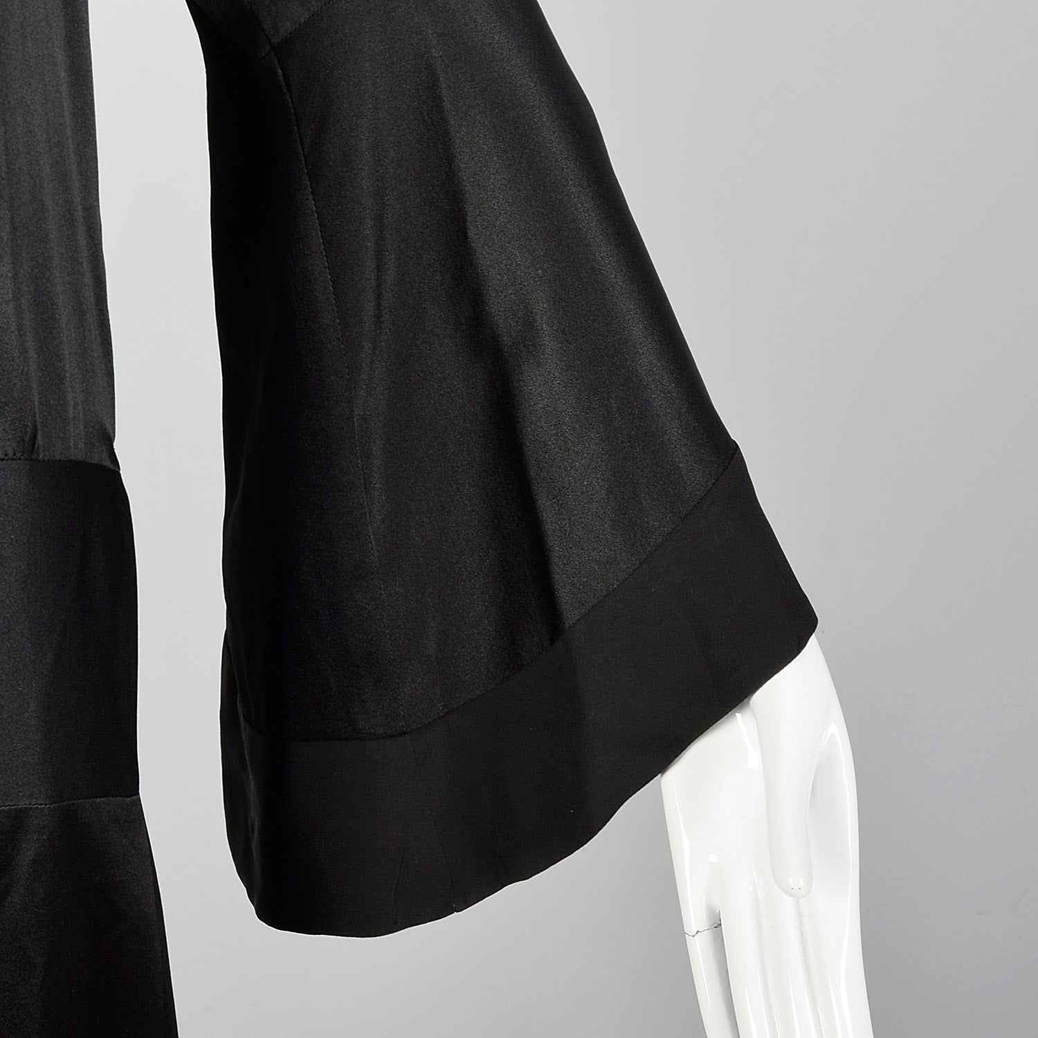 Large 1920s Silk Dress Black on Black Art Deco Trumpet Bell Sleeve Evening Gown