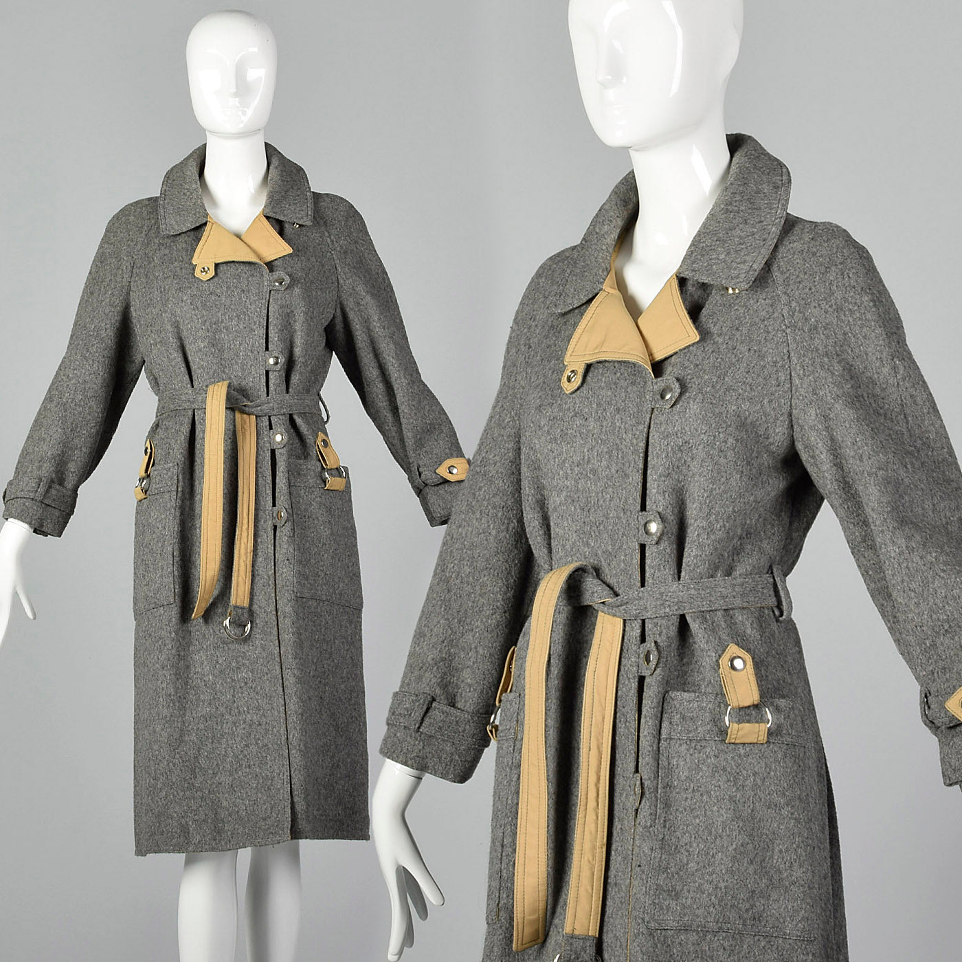 1970s Wool and Canvas Trench Coat with Snap Closures