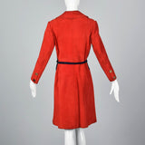 Bright Red Loewe Leather Trench Coat with Navy Blue Waist and Mod Gold Buttons