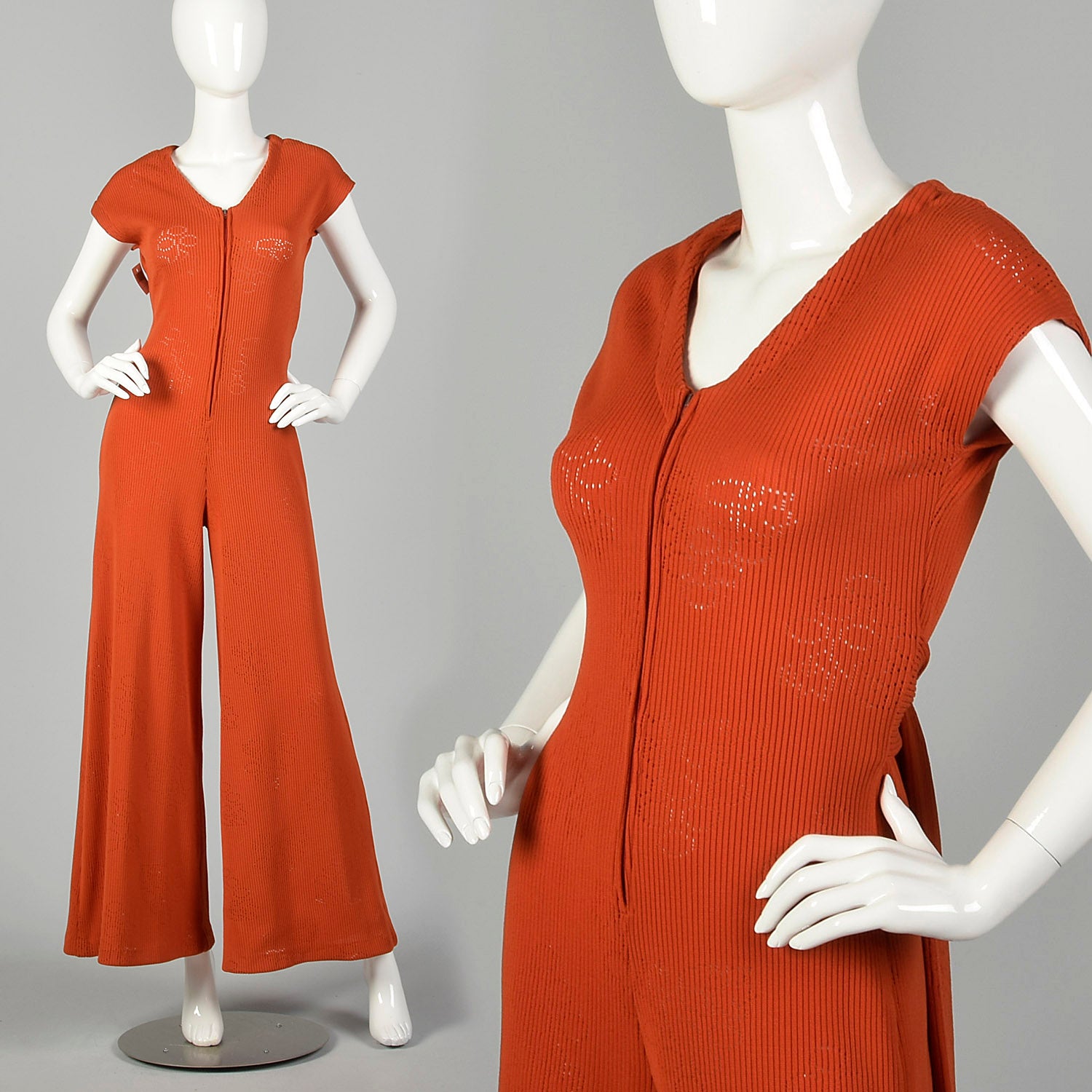 Small 1970s Wide Leg Orange Ribbed Knit Jumpsuit Sexy Tieback Waist