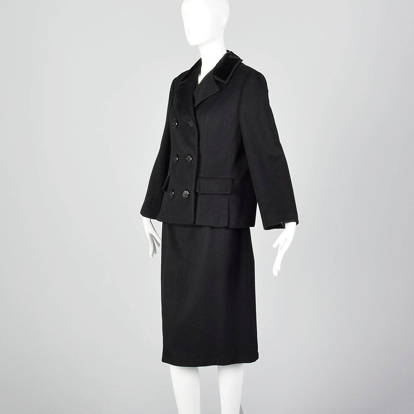 1960s Black Winter Skirt Suit with Boxy Jacket and Pencil Skirt