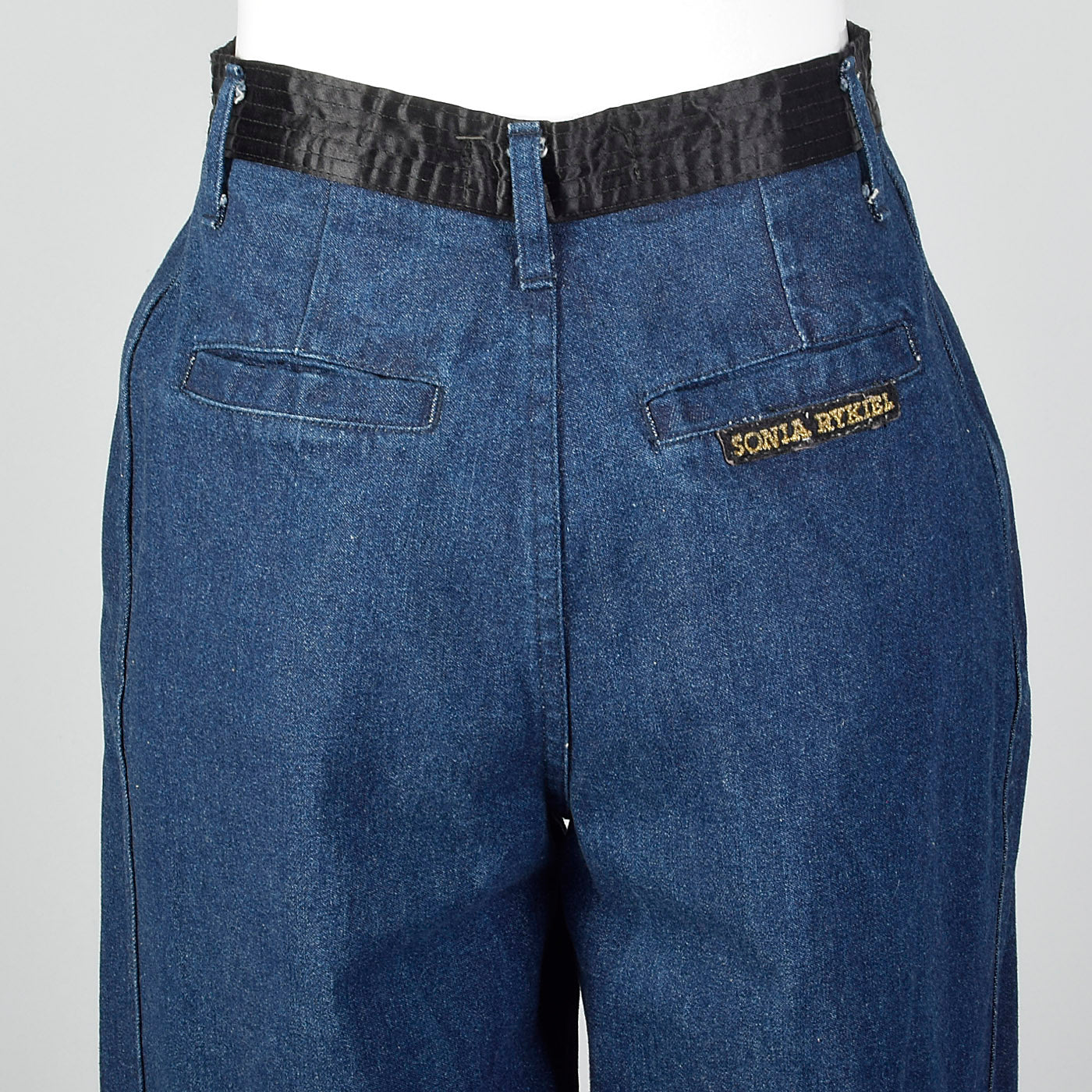 1990s Sonia Rykiel Pleated Jeans with Black Satin Waistband