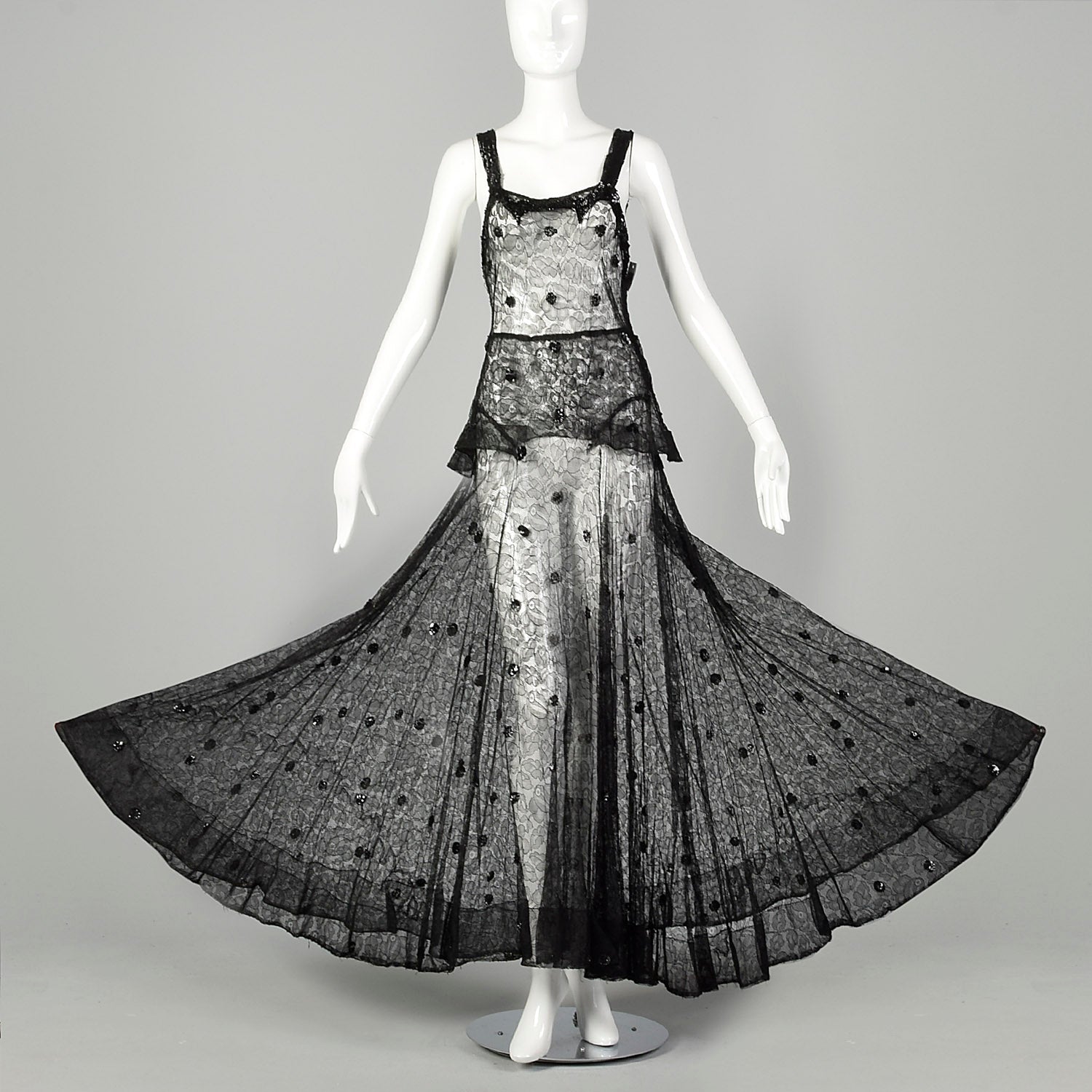 Small 1930s Black Lace Peplum Dress Sheer Sleeveless Gown